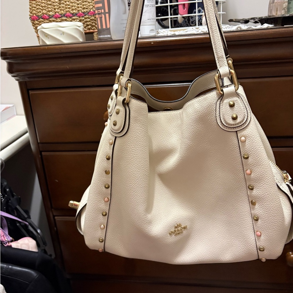 Coach Cream Pebbled Leather Shoulder Tote with Stud Accents - Picture 1 of 8
